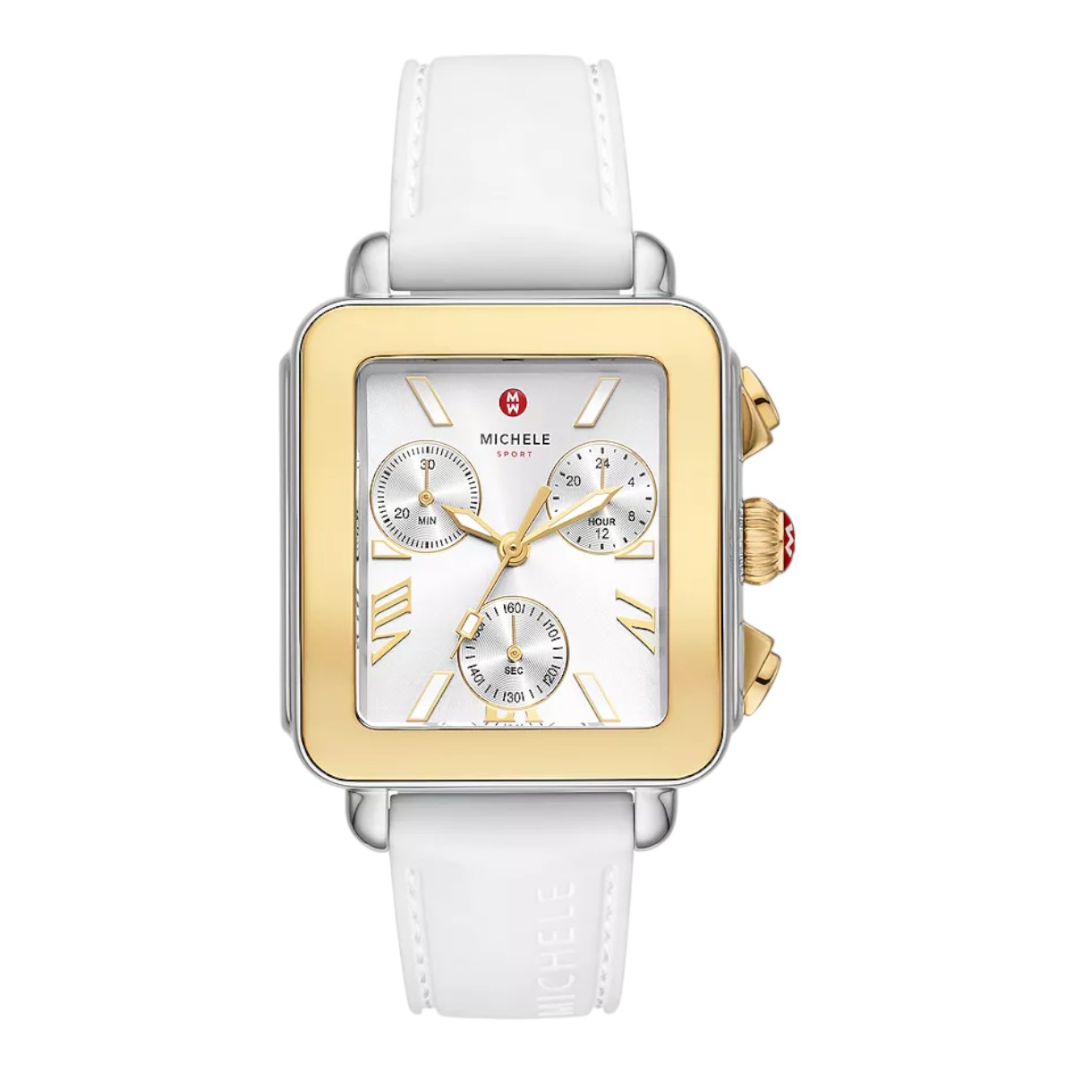 Michele Deco Sport Chronograph Gold Plated White Silicone 36mm Women's Watch, Silver Dial