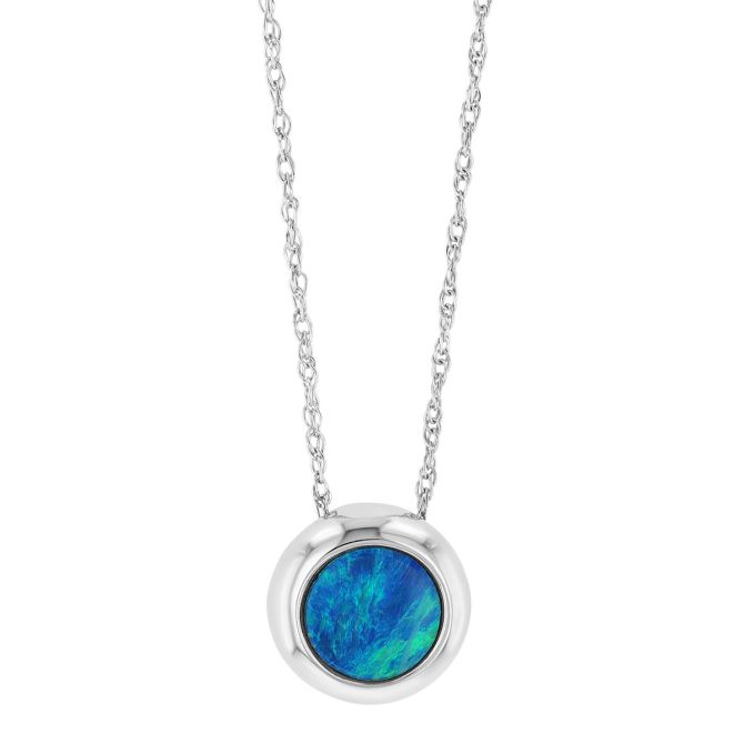 Bezel Set Round Opal Solitaire Pendant in White Gold, 18"