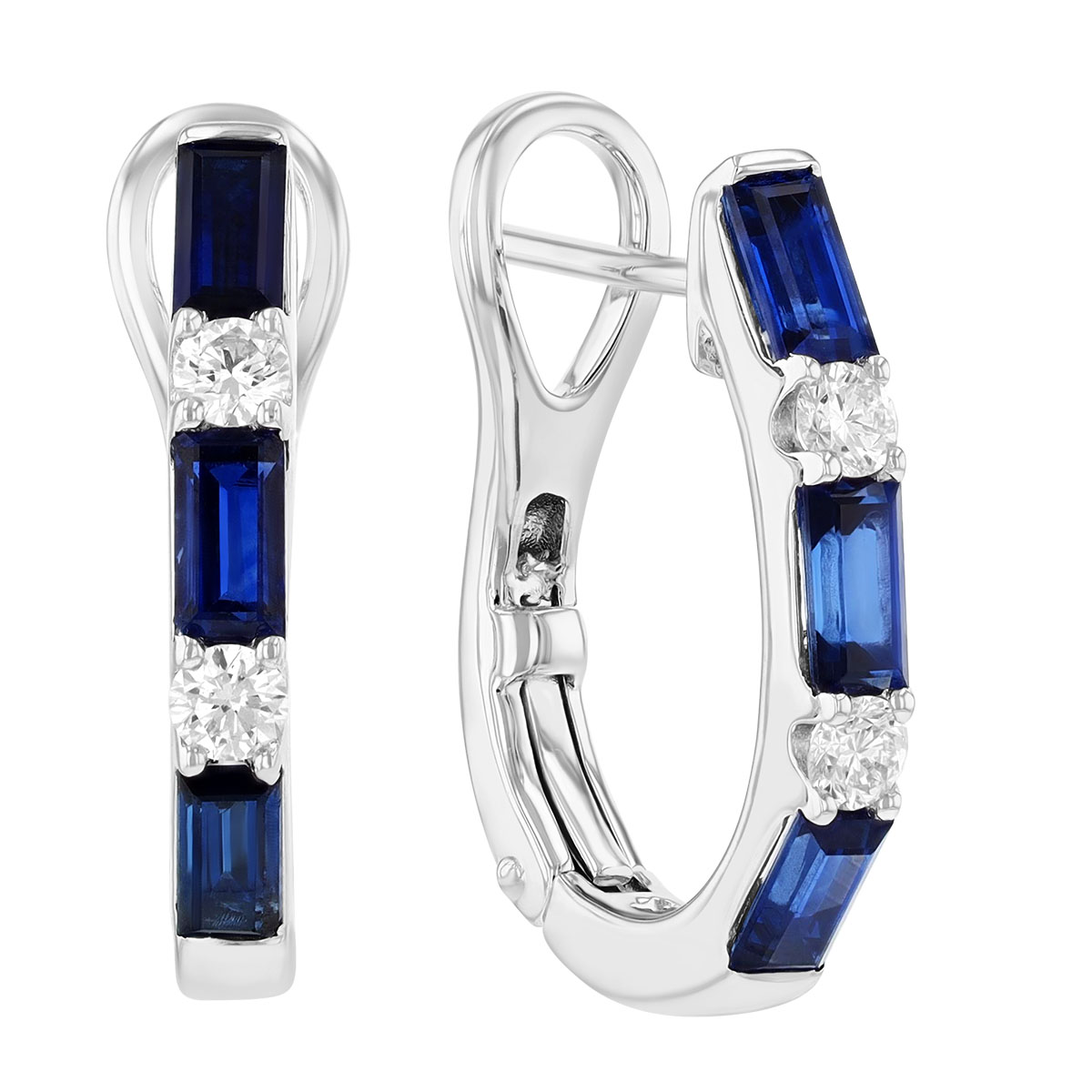 Baguette Sapphire & Round Diamond Huggie Hoop Earrings in White Gold