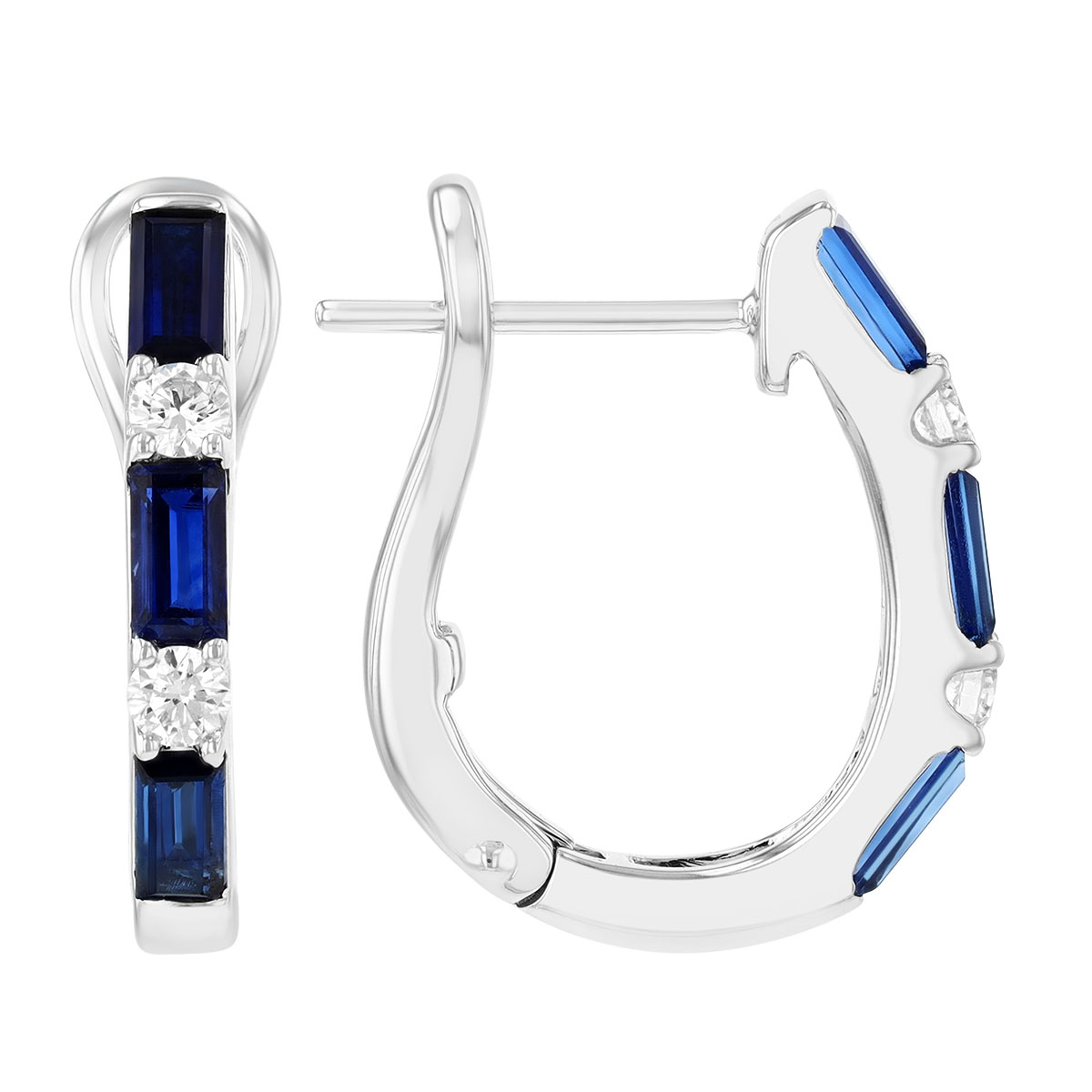 Baguette Sapphire & Round Diamond Huggie Hoop Earrings in White Gold