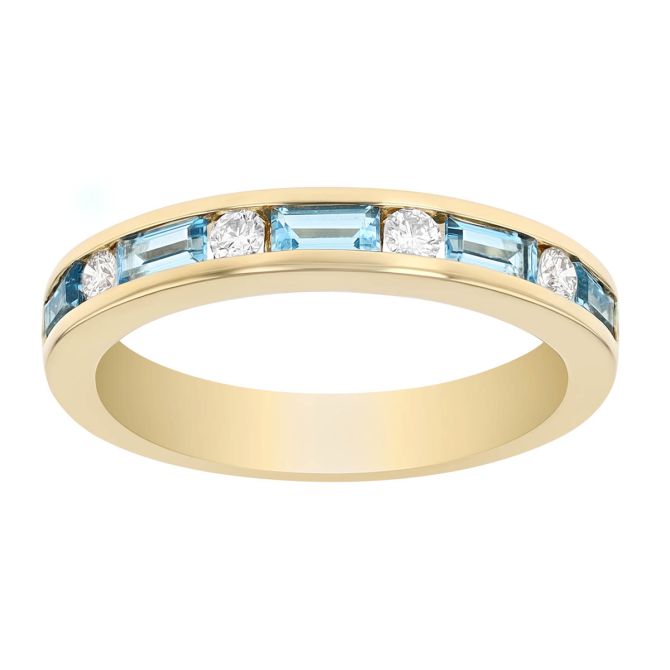 Baguette Light Blue Topaz & Diamond Alternating Channel Set Ring in Yellow Gold
