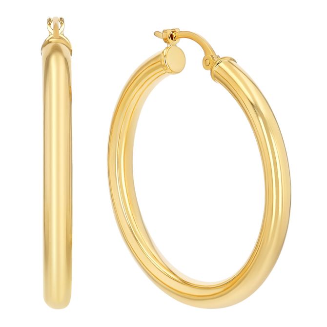 Yellow Gold Tube Hoop Earrings, 3 x 30 mm