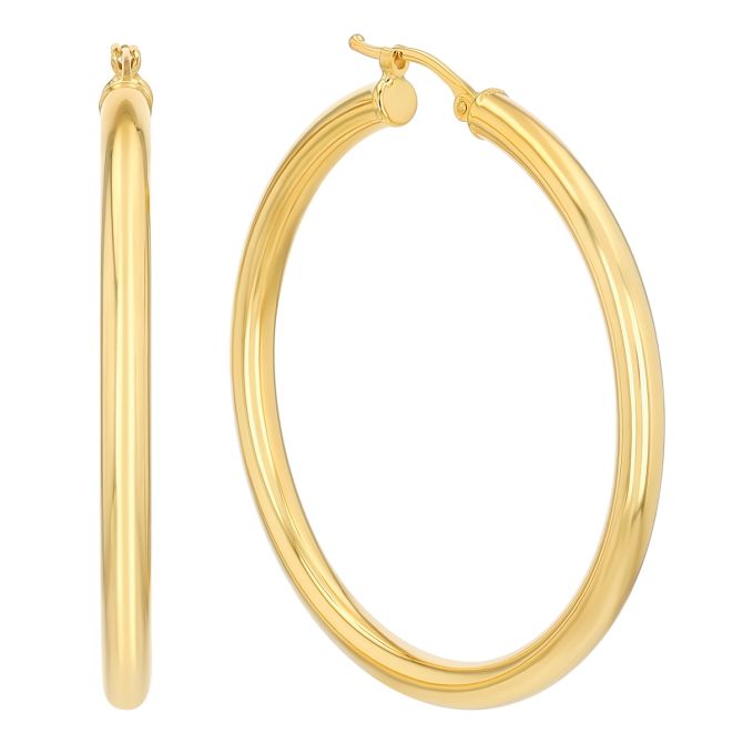 Yellow Gold Tube Hoop Earrings, 3 x 40 mm