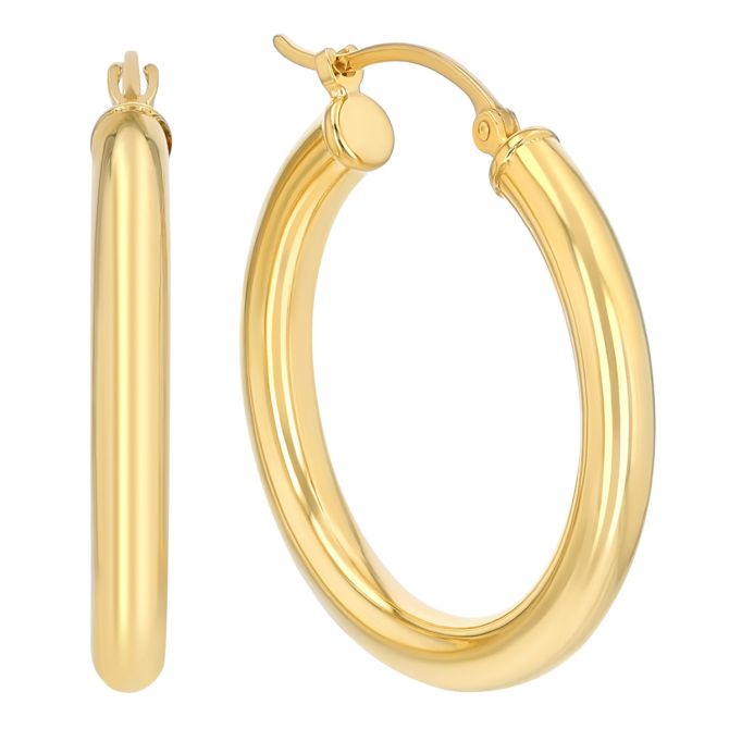 Yellow Gold Tube Hoop Earrings, 3 x 25 mm