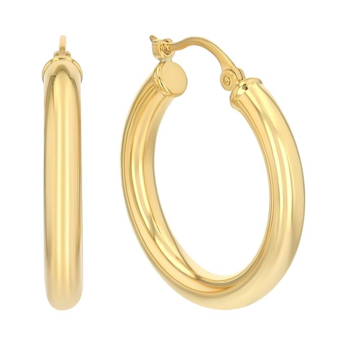 Yellow Gold Tube Hoop Earrings, 3 x 20 mm