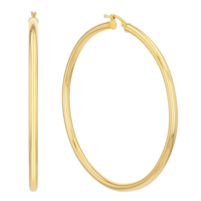 Yellow Gold Tube Hoop Earrings, 3 x 60 mm