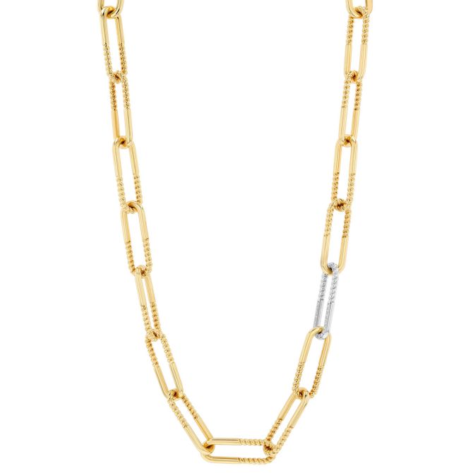 Roberto Coin Yellow Gold Half Twisted Link Chain Necklace with Diamond White Gold Link, 18"