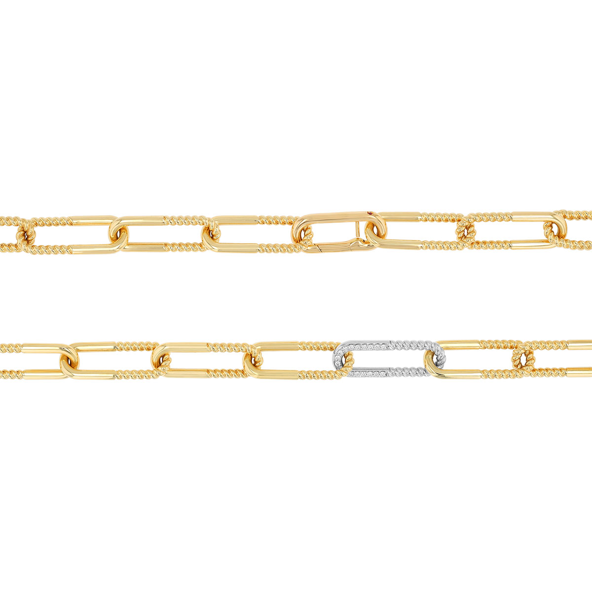 Roberto Coin Yellow Gold Half Twisted Link Chain Necklace with Diamond White Gold Link, 18