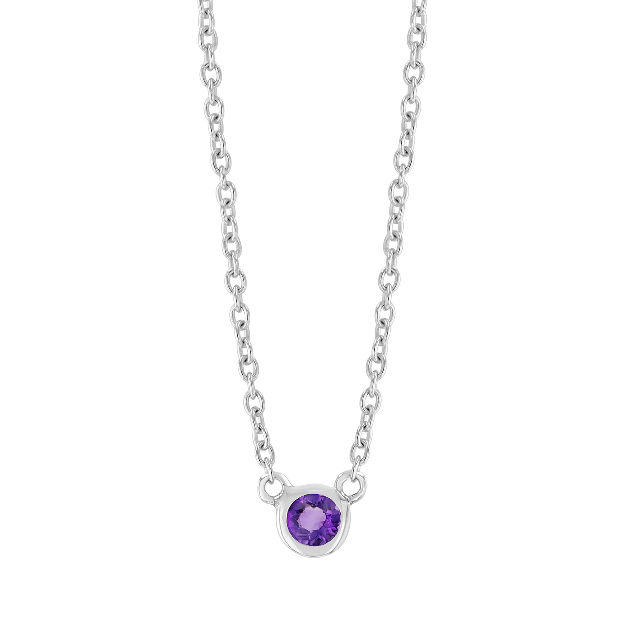 Bezel Set Round Amethyst Solitaire Dainty Pendant in White Gold