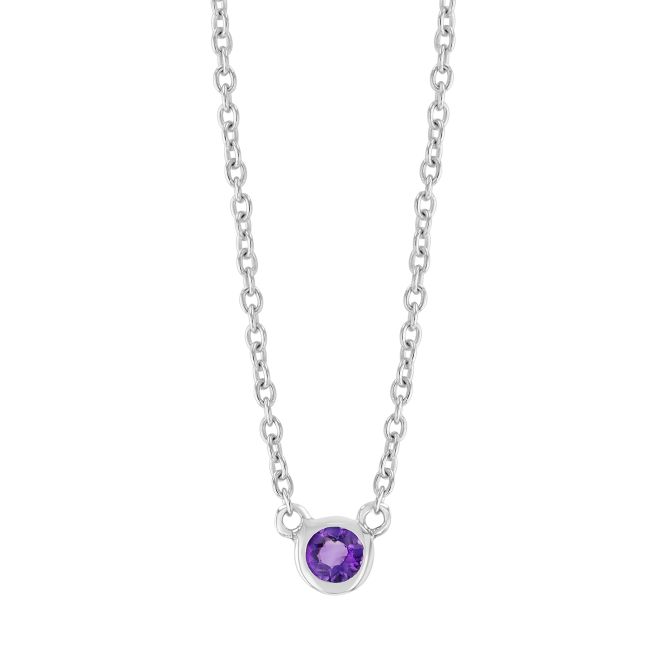 Bezel Set Round Amethyst Solitaire Dainty Pendant in White Gold