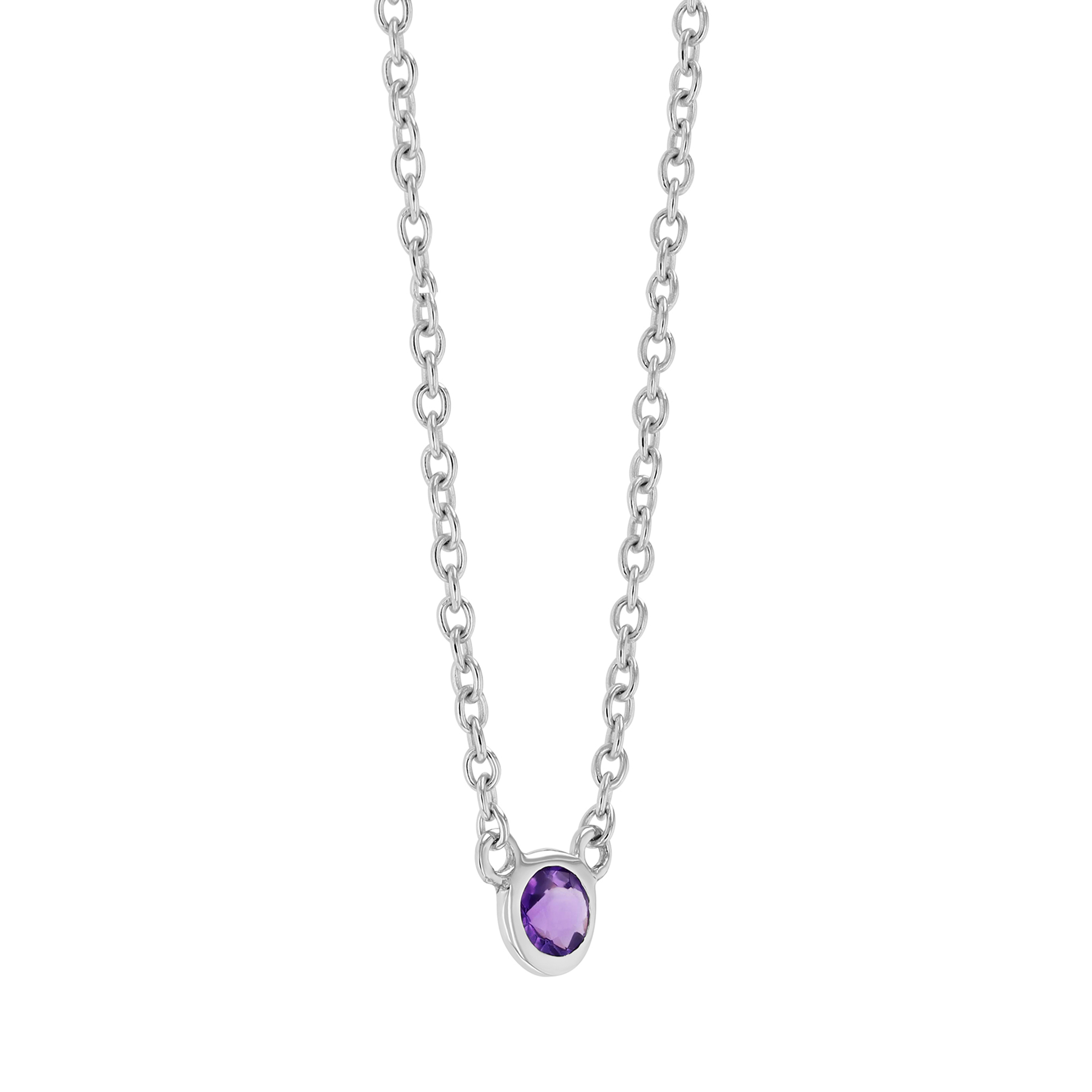 Bezel Set Round Amethyst Solitaire Dainty Pendant in White Gold