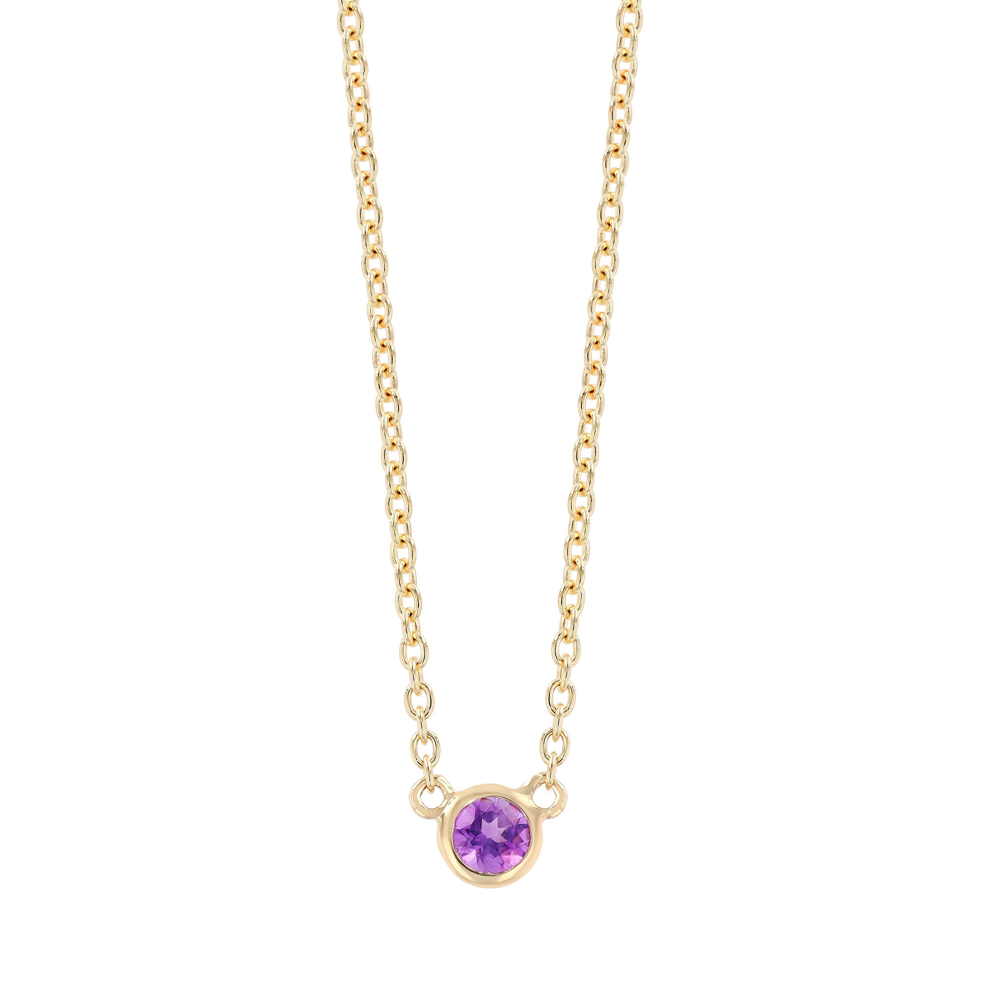 Bezel Set Round Amethyst Solitaire Pendant in Yellow Gold