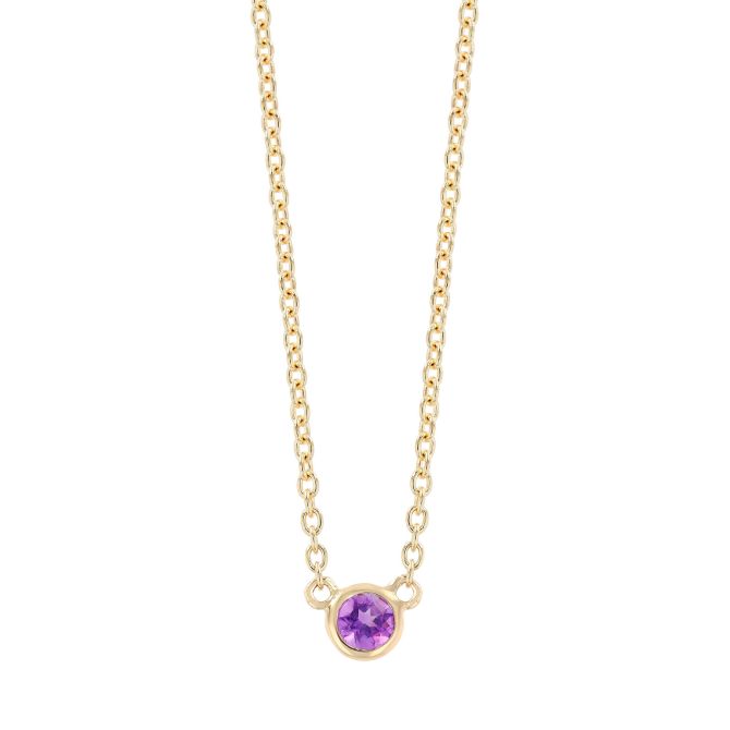 Bezel Set Round Amethyst Solitaire Pendant in Yellow Gold