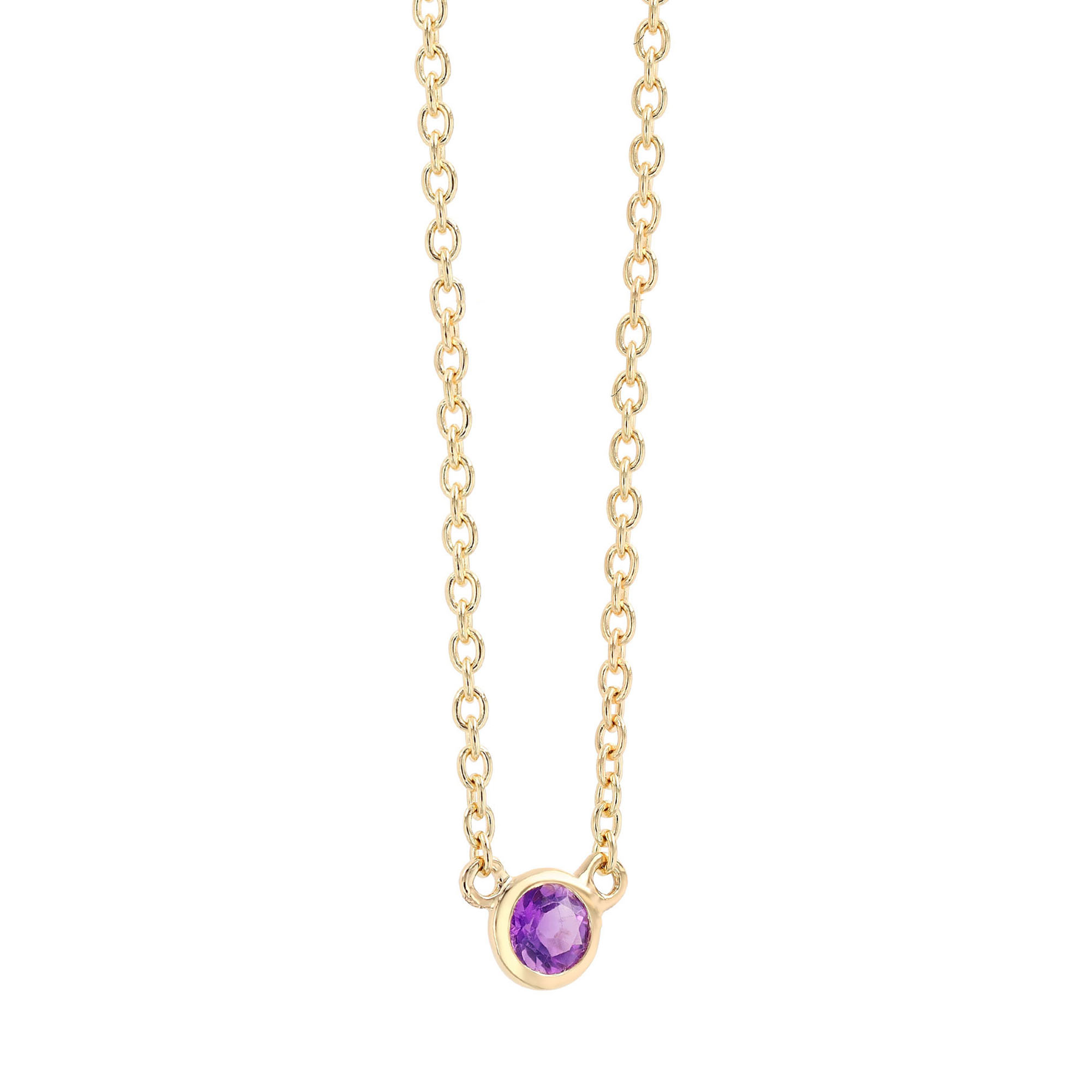 Bezel Set Round Amethyst Solitaire Pendant in Yellow Gold