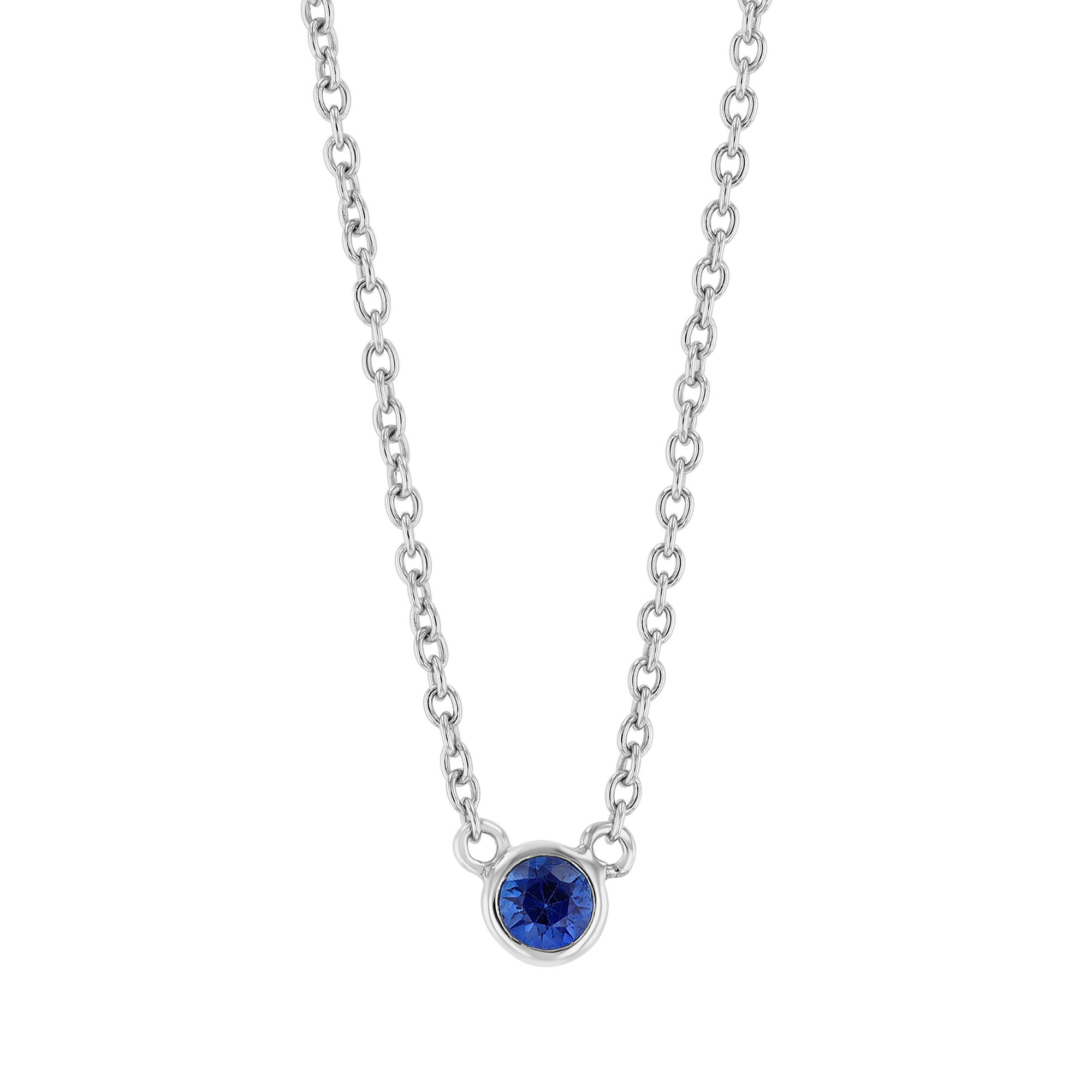 Mini Round Sapphire Bezel Set Solitaire Necklace in White Gold