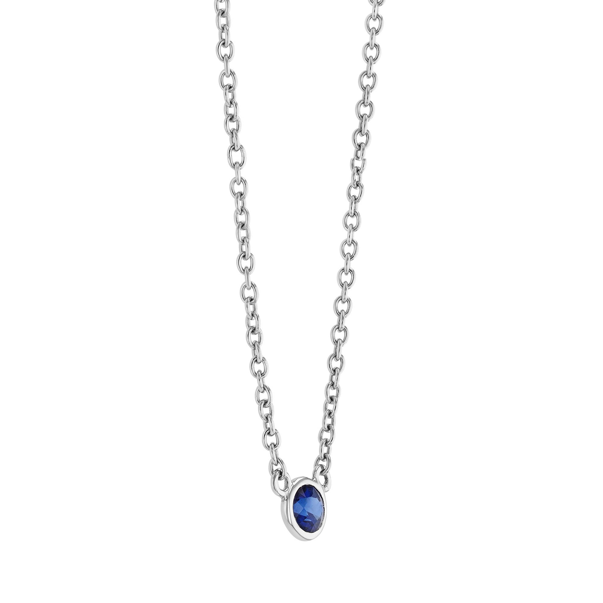 Mini Round Sapphire Bezel Set Solitaire Necklace in White Gold