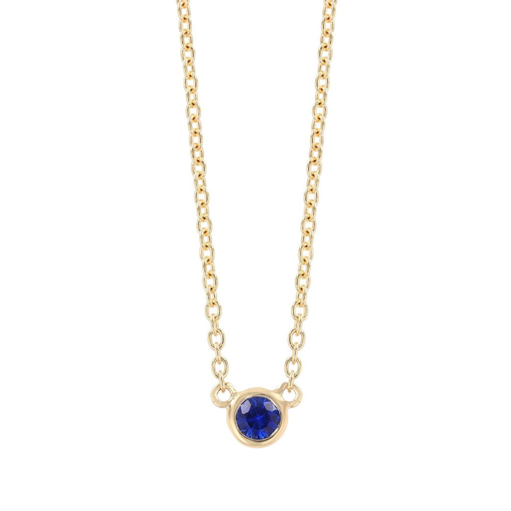 Dainty Bezel Set Round Sapphire Solitaire Pendant in Yellow Gold
