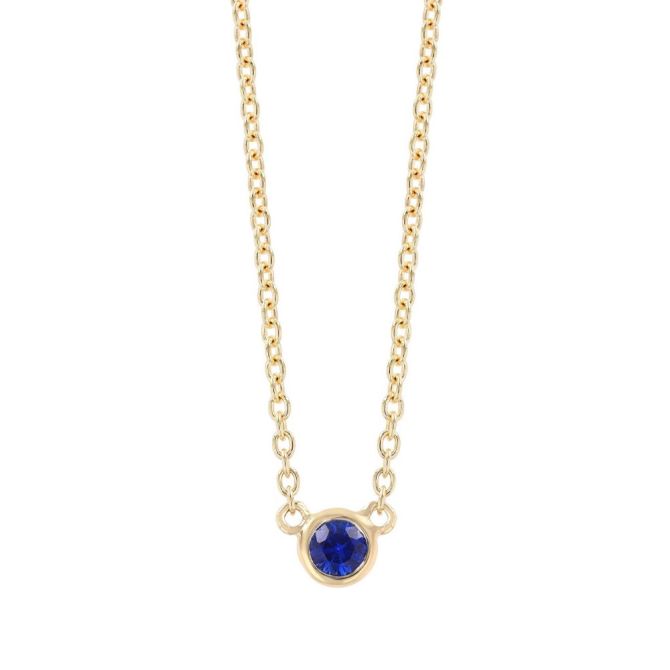 Dainty Bezel Set Round Sapphire Solitaire Pendant in Yellow Gold