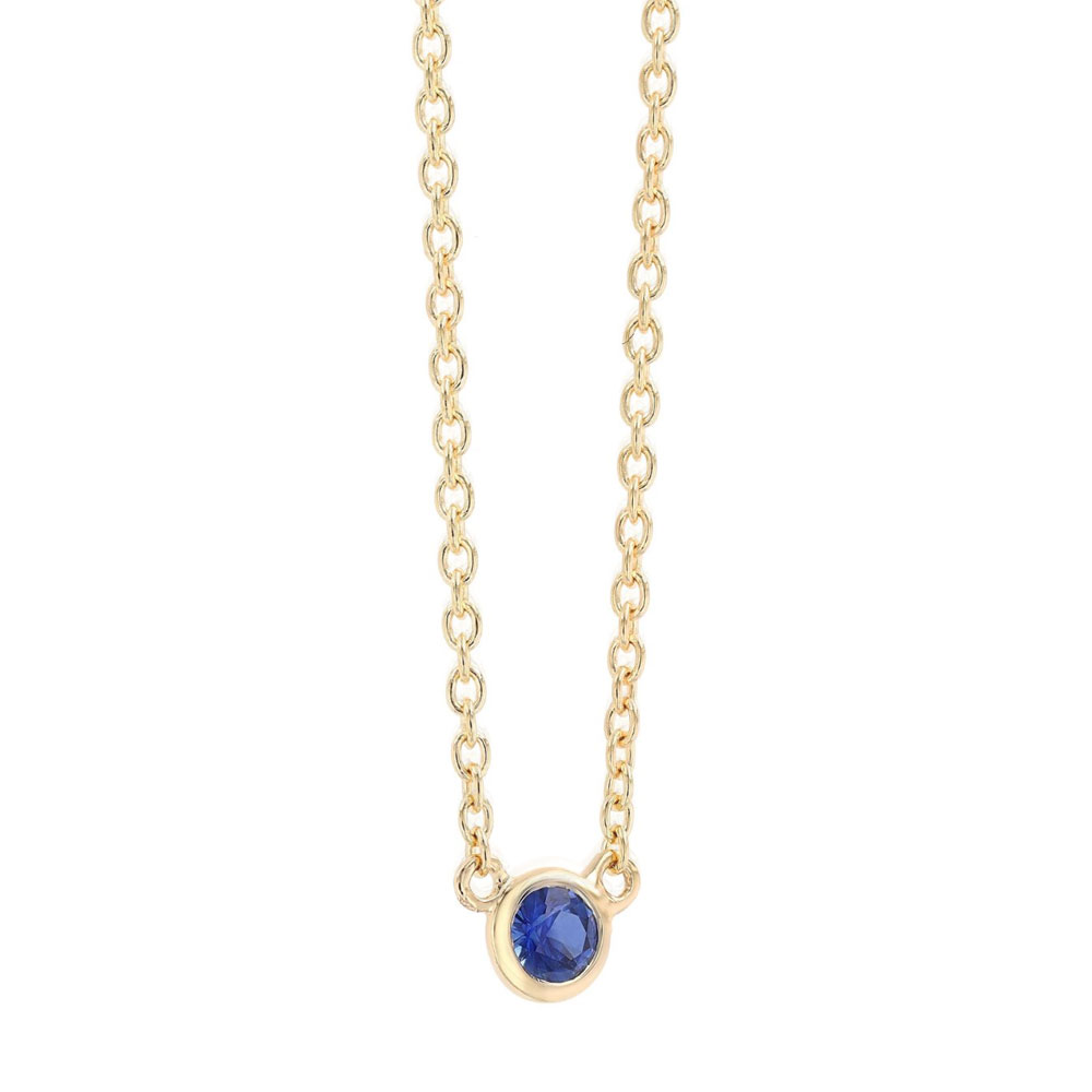 Dainty Bezel Set Round Sapphire Solitaire Pendant in Yellow Gold
