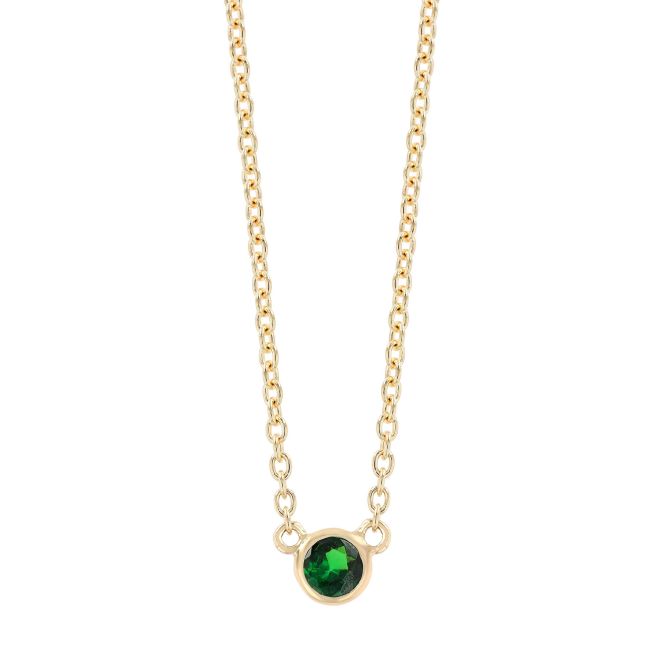 Dainty Bezel Set Round Tsavorite Garnet Solitaire Pendant in Yellow Gold