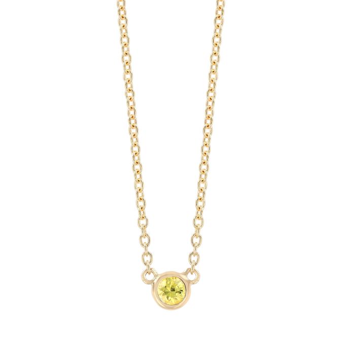 Dainty Bezel Set Round Yellow Sapphire Solitaire Pendant in Yellow Gold