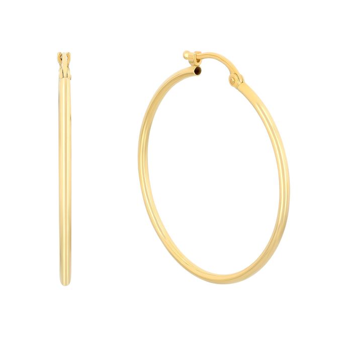 Yellow Gold Thin Tube Hoop Earrings, 1.5 x 30 mm