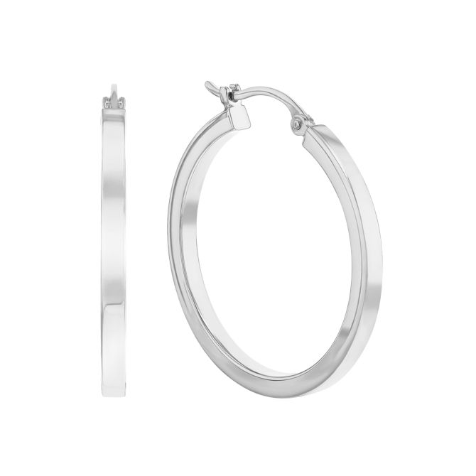 White Gold Square Edge Tube Hoop Earrings, 2 x 25 mm