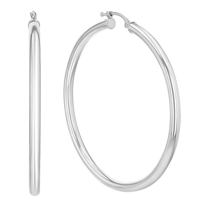 White Gold Tube Hoop Earrings, 3 x 50 mm