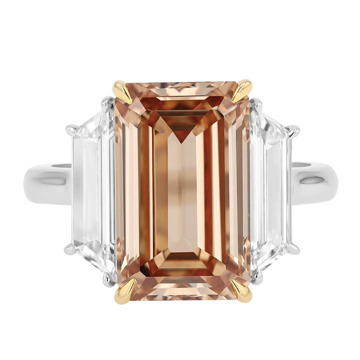 Kwiat Fancy Orange Brown & White Diamond 3 Stone Engagement Ring in Platinum & Yellow Gold