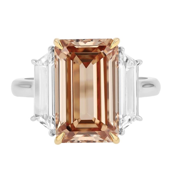 Kwiat Fancy Orange Brown & White Diamond 3 Stone Engagement Ring in Platinum & Yellow Gold