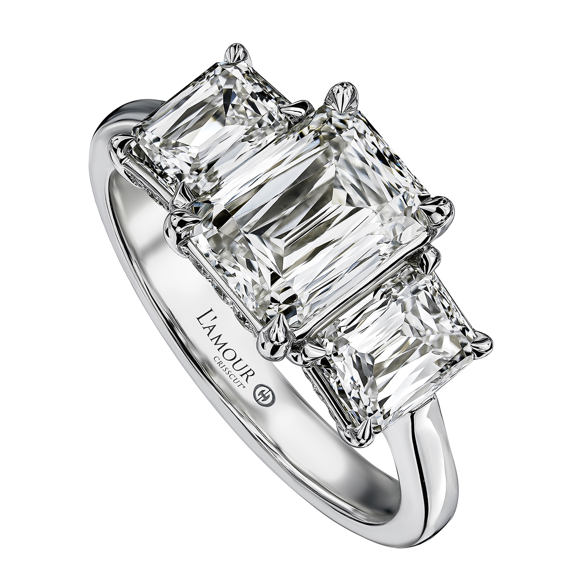 Christopher Designs Crisscut Emerald Cut Diamond 3 Stone Engagement Ring in White Gold