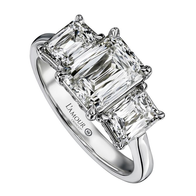 Christopher Designs Crisscut Emerald Cut Diamond 3 Stone Engagement Ring in White Gold