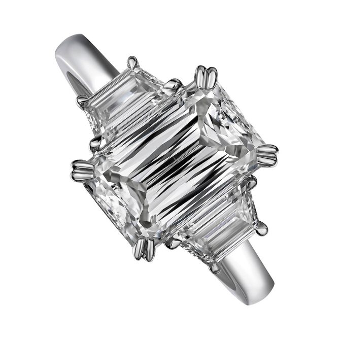 Christopher Designs Crisscut Emerald Cut & Trapezoid Diamond 3 Stone Engagement Ring in Platinum
