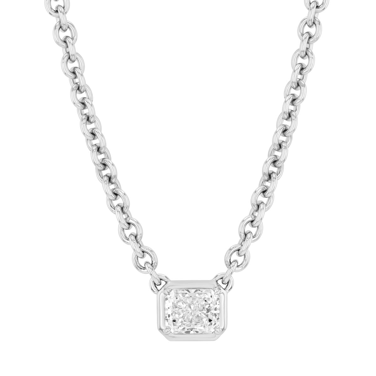 Radiant Cut Diamond Solitaire Necklace in White Gold, 16