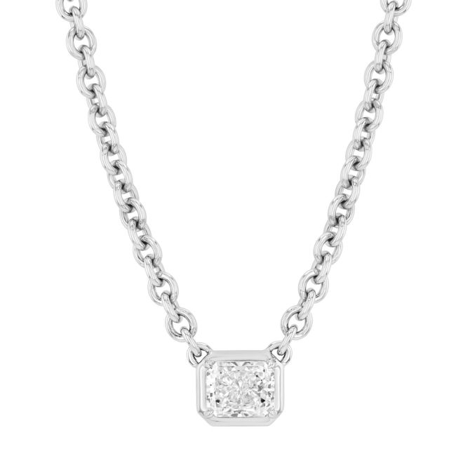 Radiant Cut Diamond Solitaire Necklace in White Gold, 16", 3.02 ct