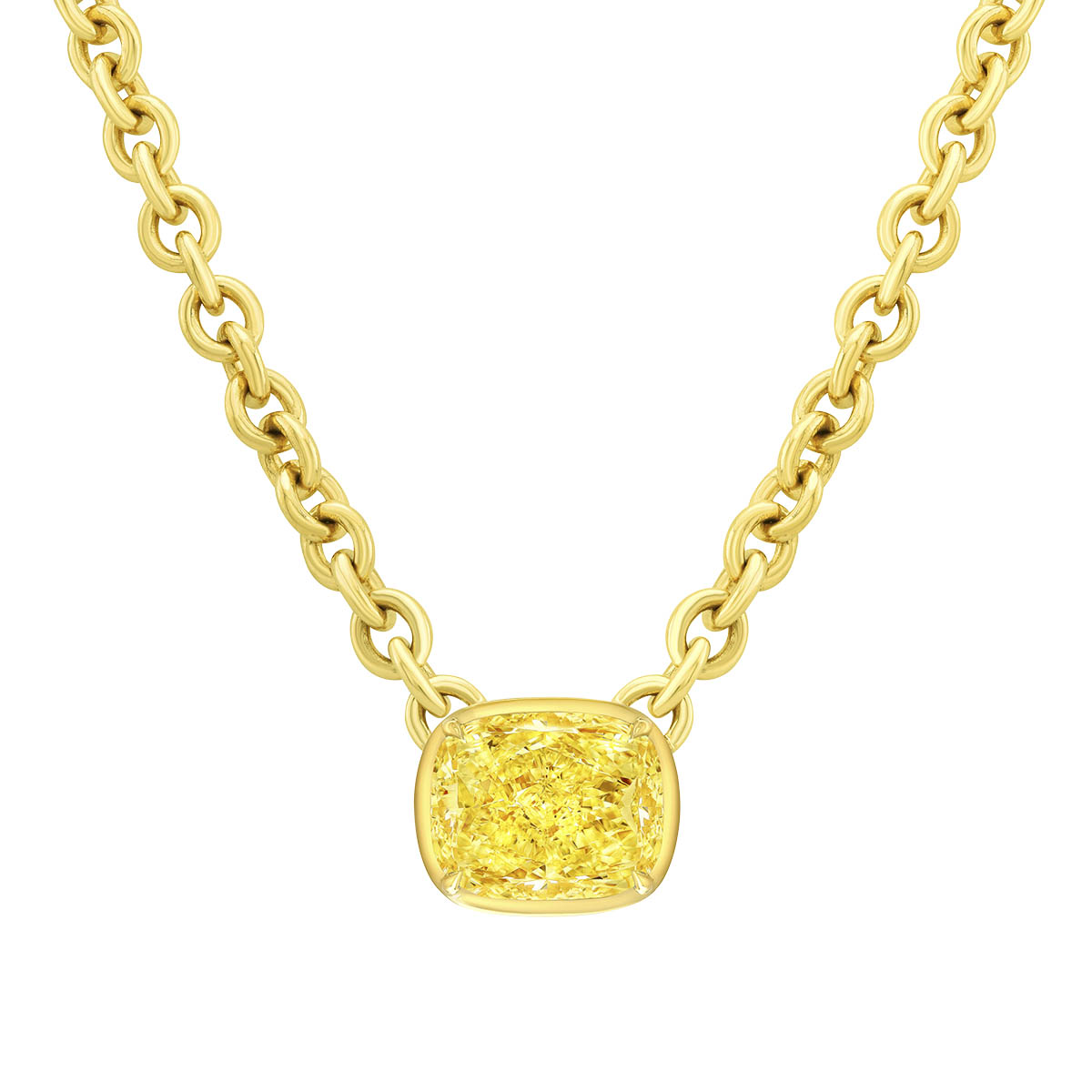 Rahaminov Bezel Set Cushion Cut Fancy Light Yellow Diamond Solitaire Pendant in Yellow Gold, 16