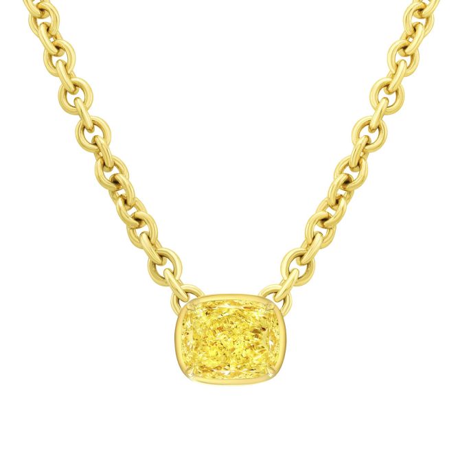 Rahaminov Bezel Set Cushion Cut Fancy Light Yellow Diamond Solitaire Pendant in Yellow Gold, 16"