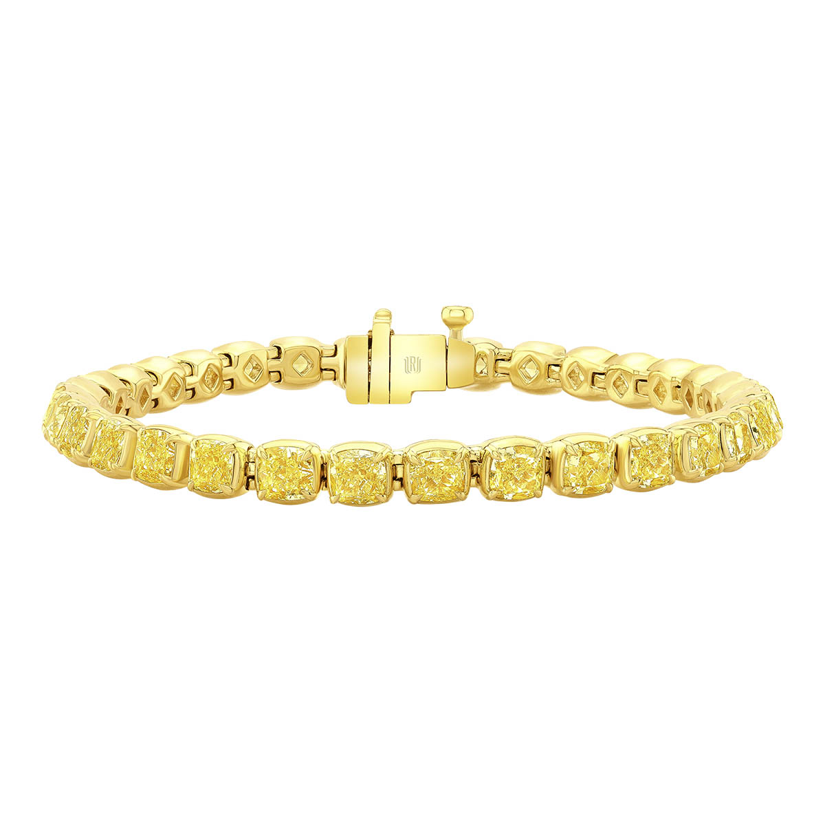 Rahaminov Cushion Cut Fancy Yellow Diamond Tennis Bracelet in Yellow Gold, 6.75
