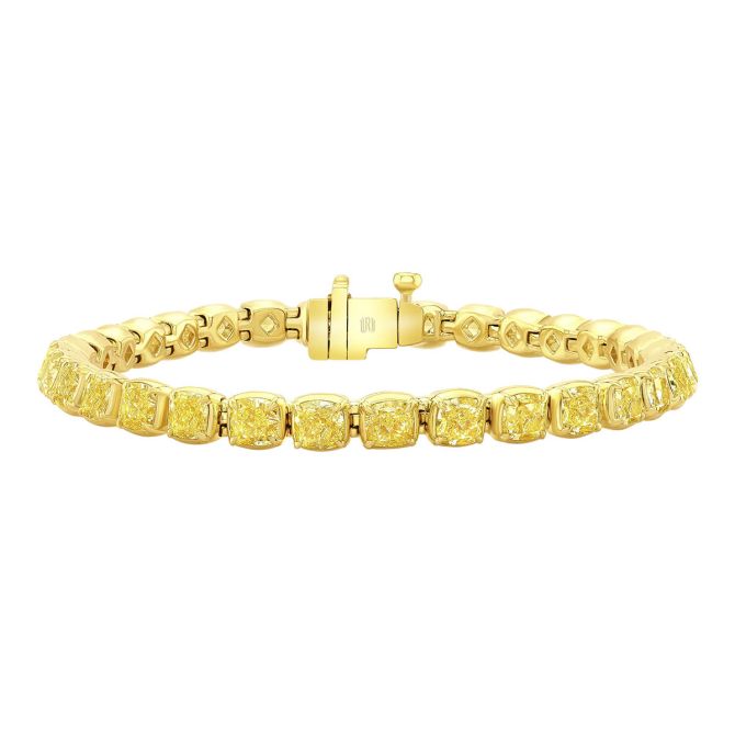 Rahaminov Cushion Cut Fancy Yellow Diamond Tennis Bracelet in Yellow Gold, 6.75", 13.69 cttw