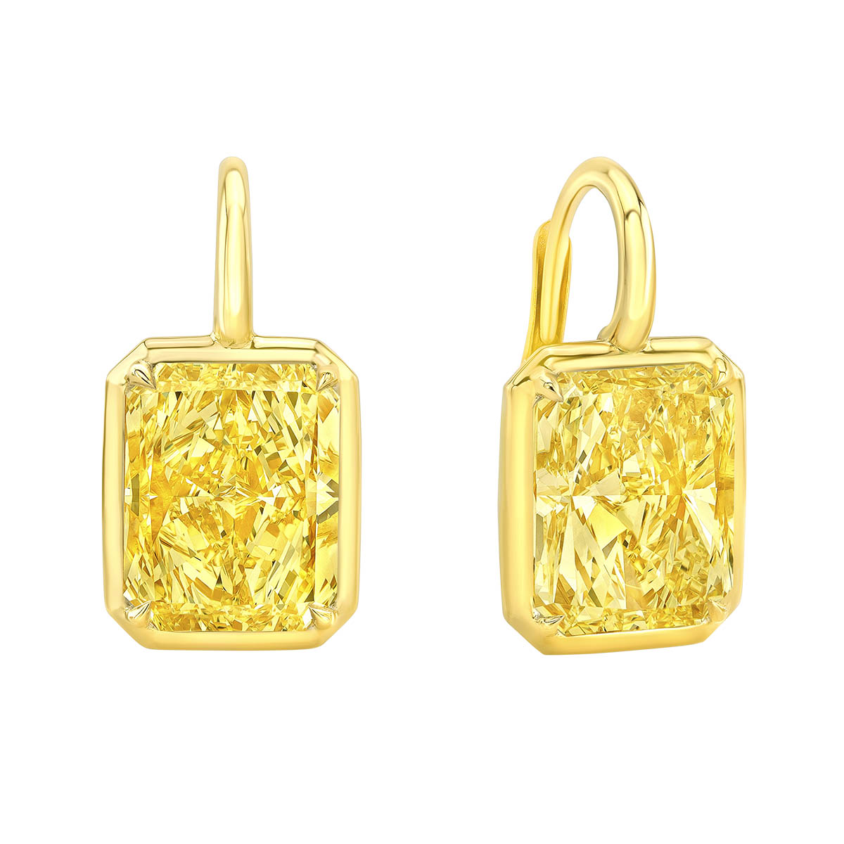 Rahaminov Radiant Cut Fancy Yellow Diamond Drop Earrings in Yellow Gold