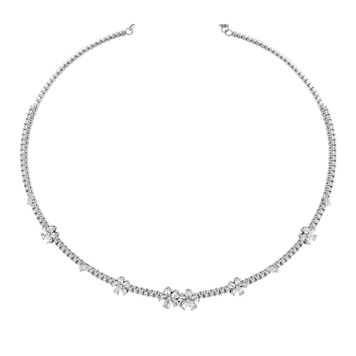 Zydo Collection Diamond Flower Station Collar Tennis Necklace in White Gold