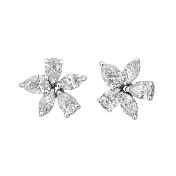 Zydo Collection Pear & Marquise Diamond Floral Stud Earrings in White Gold
