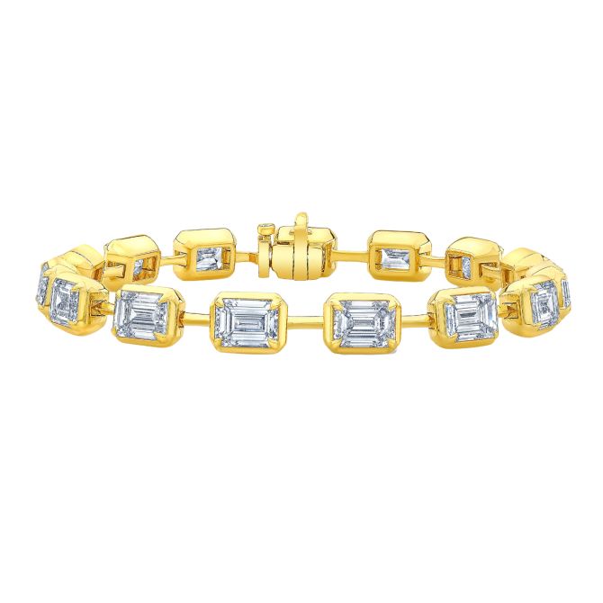 Rahaminov Bezel Set Emerald Cut Diamond Tennis Bracelet in Yellow Gold, 6.75", 9.97 cttw