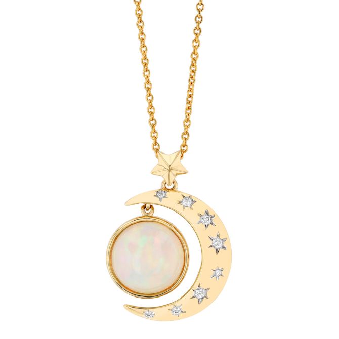 Round Opal & Diamond Crescent Moon Pendant in Yellow Gold, 17"