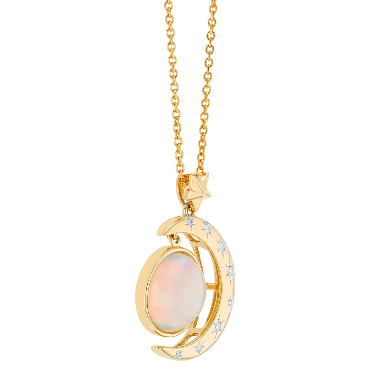 Round Opal & Diamond Crescent Moon Pendant in Yellow Gold, 17