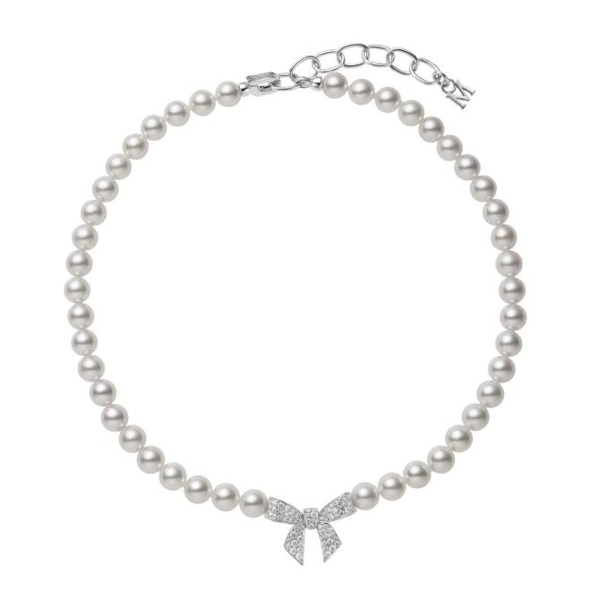 Mikimoto Jeux de Rubans Akoya Cultured Pearl & Diamond Bow Necklace in White Gold, 16"