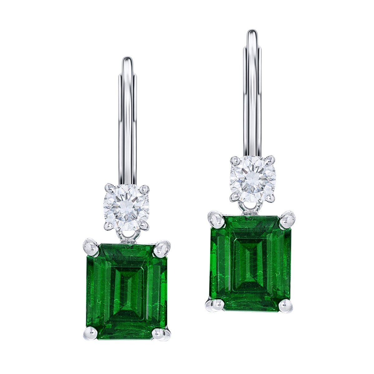 J.B. Star Emerald Cut Emerald & Cushion Cut Diamond Dangle Earrings in Platinum