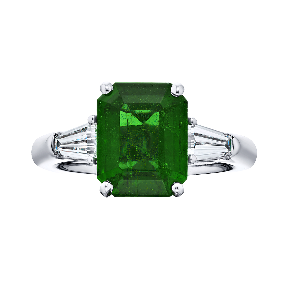 J.B. Star Emerald Cut Emerald & Tapered Baguette Diamond 3 Stone Ring in Platinum