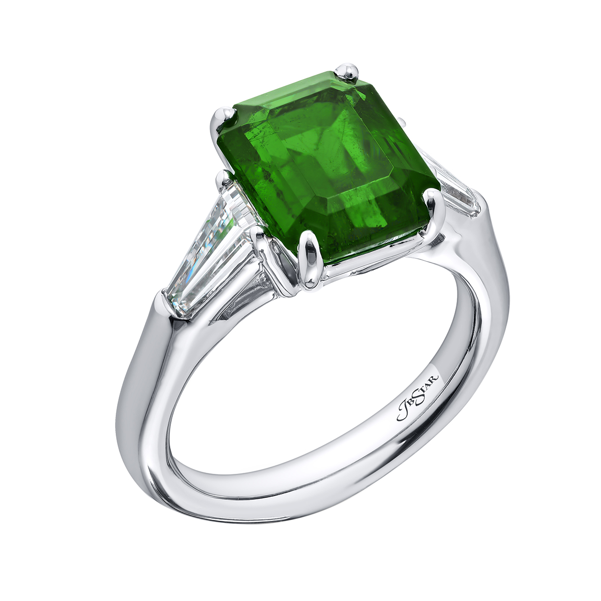 J.B. Star Emerald Cut Emerald & Tapered Baguette Diamond 3 Stone Ring in Platinum
