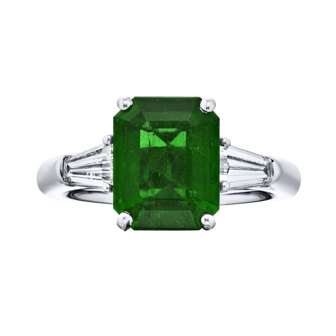 J.B. Star Emerald Cut Emerald & Tapered Baguette Diamond 3 Stone Ring in Platinum